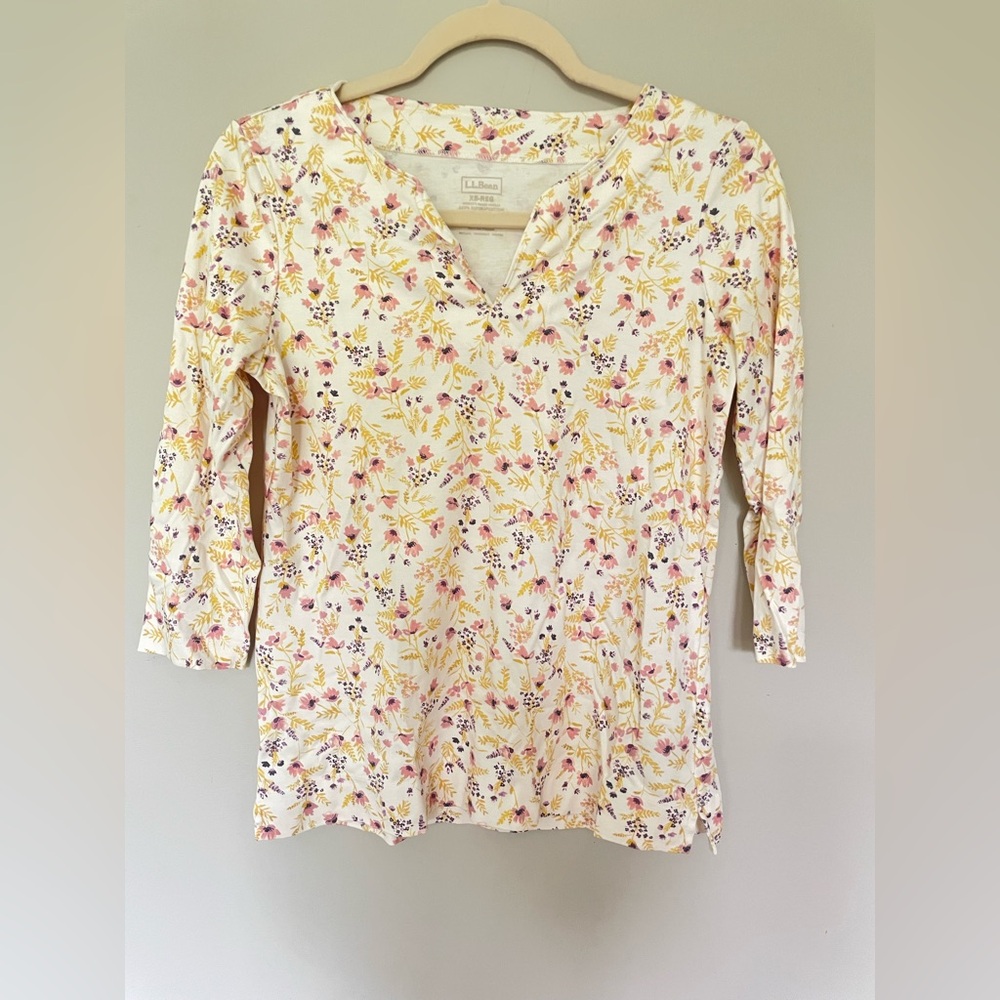 L.L. Bean Women's Floral Long Sleeve Top - Cream and Pink